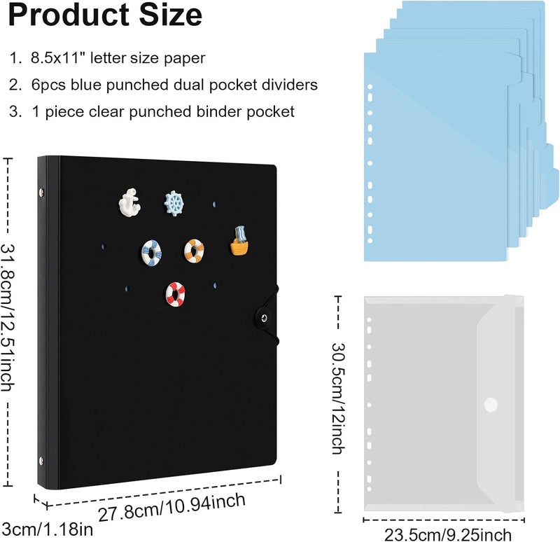 Uquelic 3 Ring Binder 1 Inch with Dividers, 6 Pocket Folders (12 Pockets) & Clear Pouch, Elastic Closure Refillable PP Folder with Ocean Decor for Letter Size, School, Office - Blue Inner Pages - Image 4